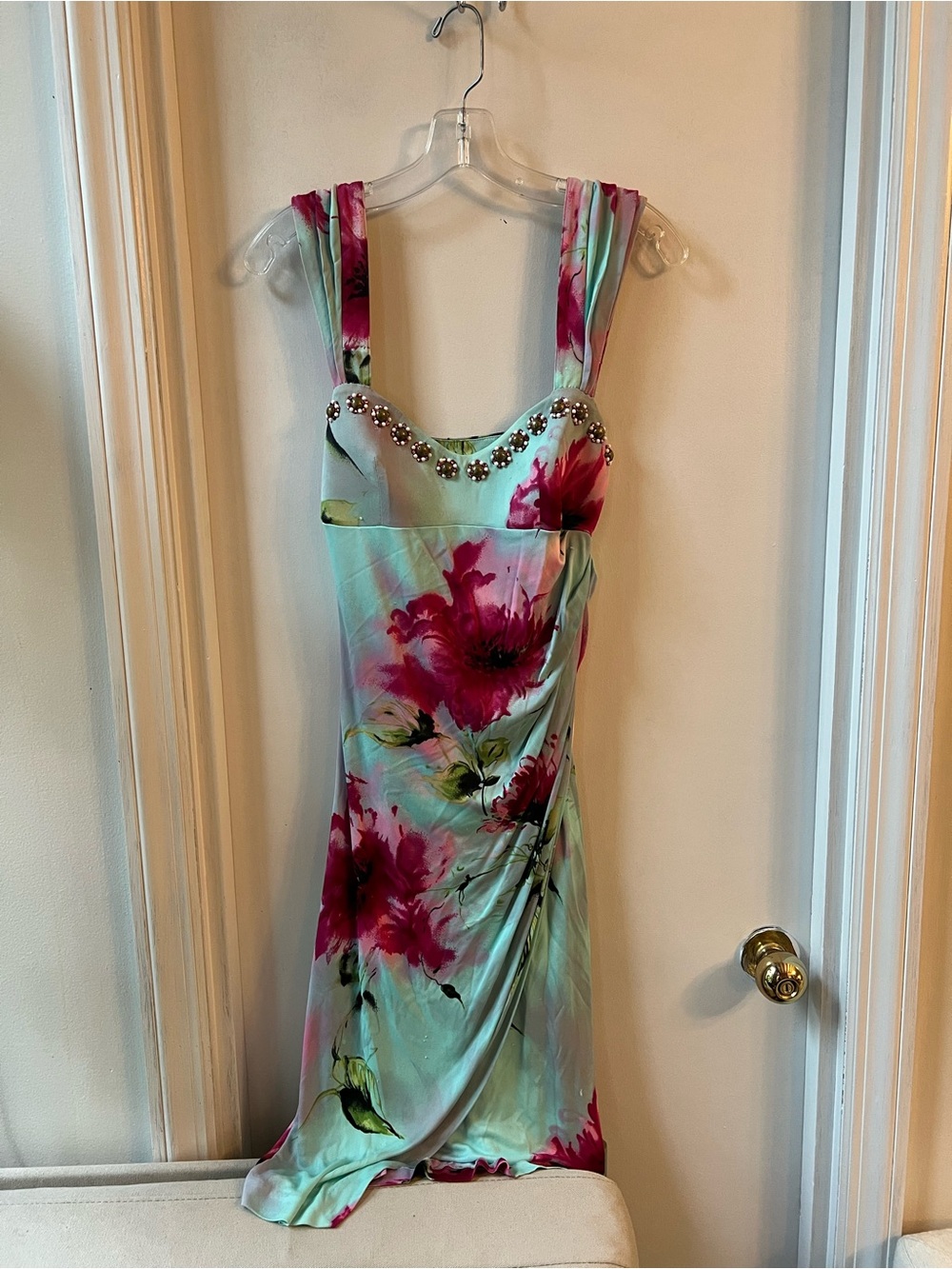 Blumarine Aqua Mint Floral Midi Dress with Fuchsia Flowers